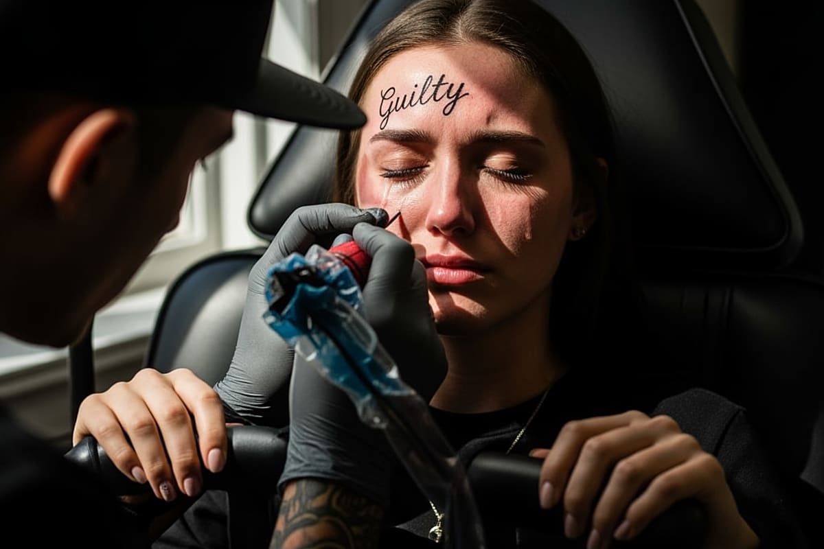 Young woman with a large 'Guilty' tattoo on her forehead, looking reflective.