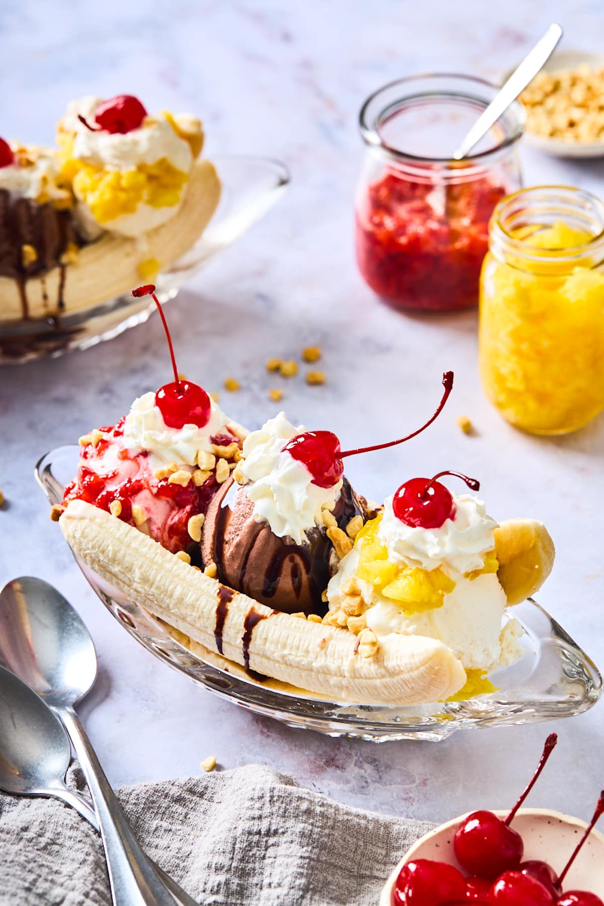 a classic banana split with banana split