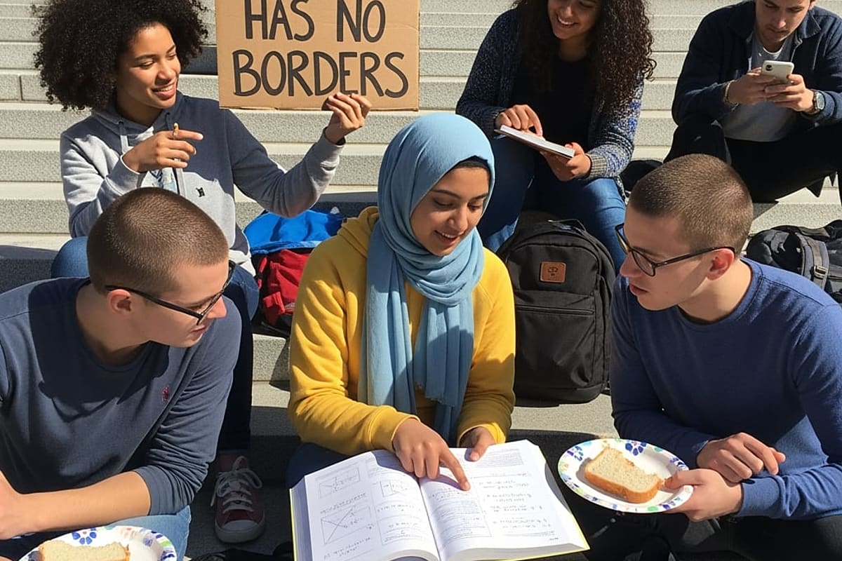Close-up of protest signs with slogans about fairness and equality