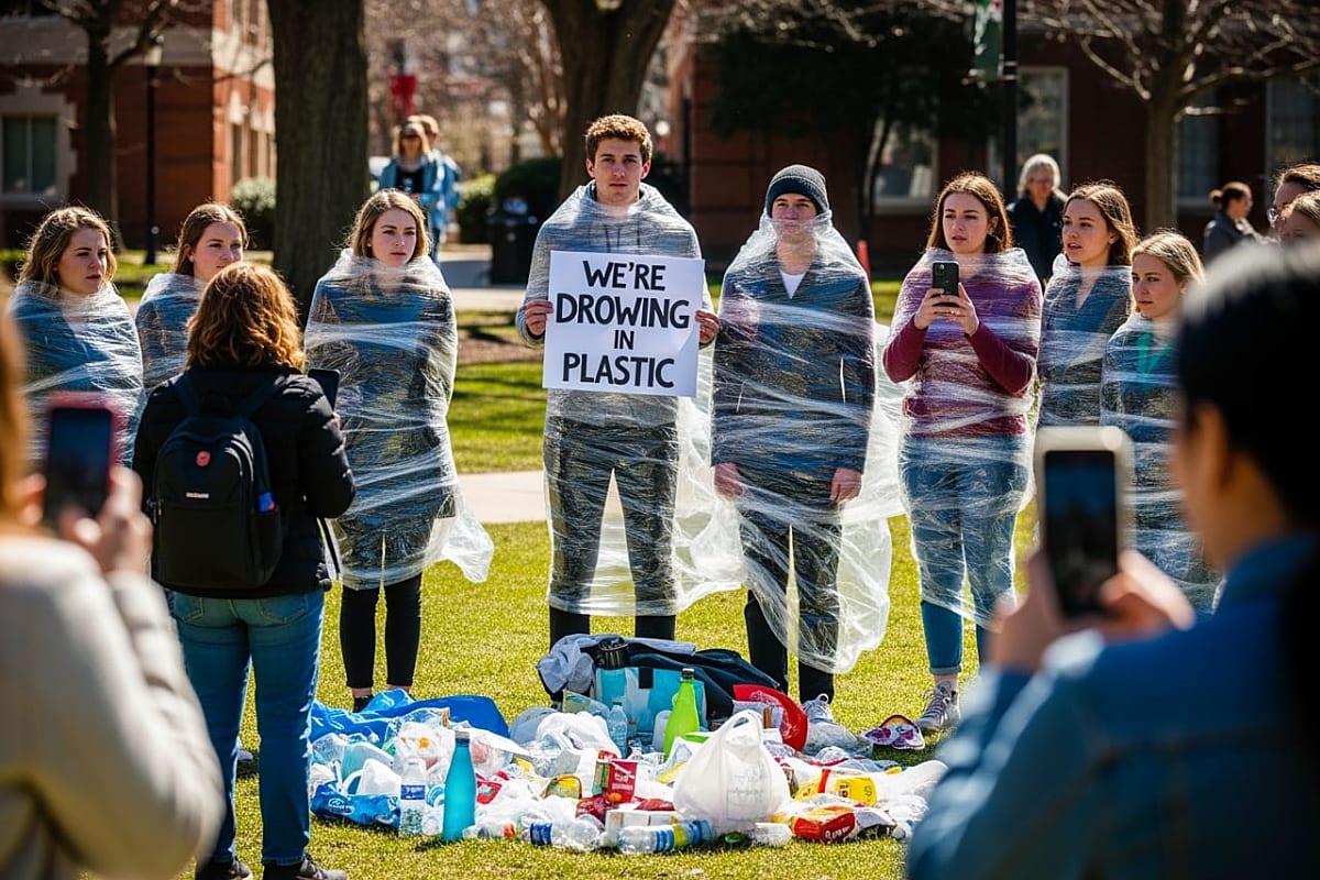 Young people covered in plastic wrap, standing in a public space.