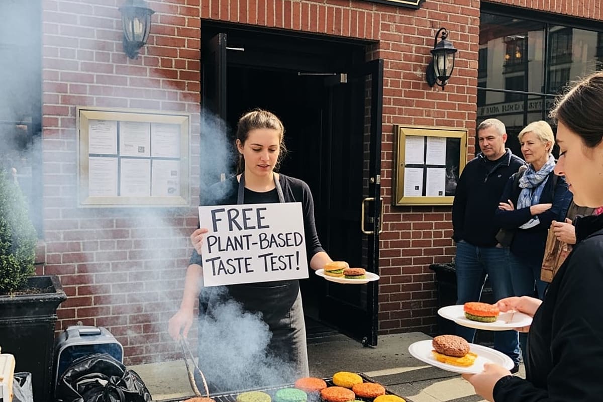 Close-up of a vegan activist handing a plant-based burger to a person outside a steakhouse.