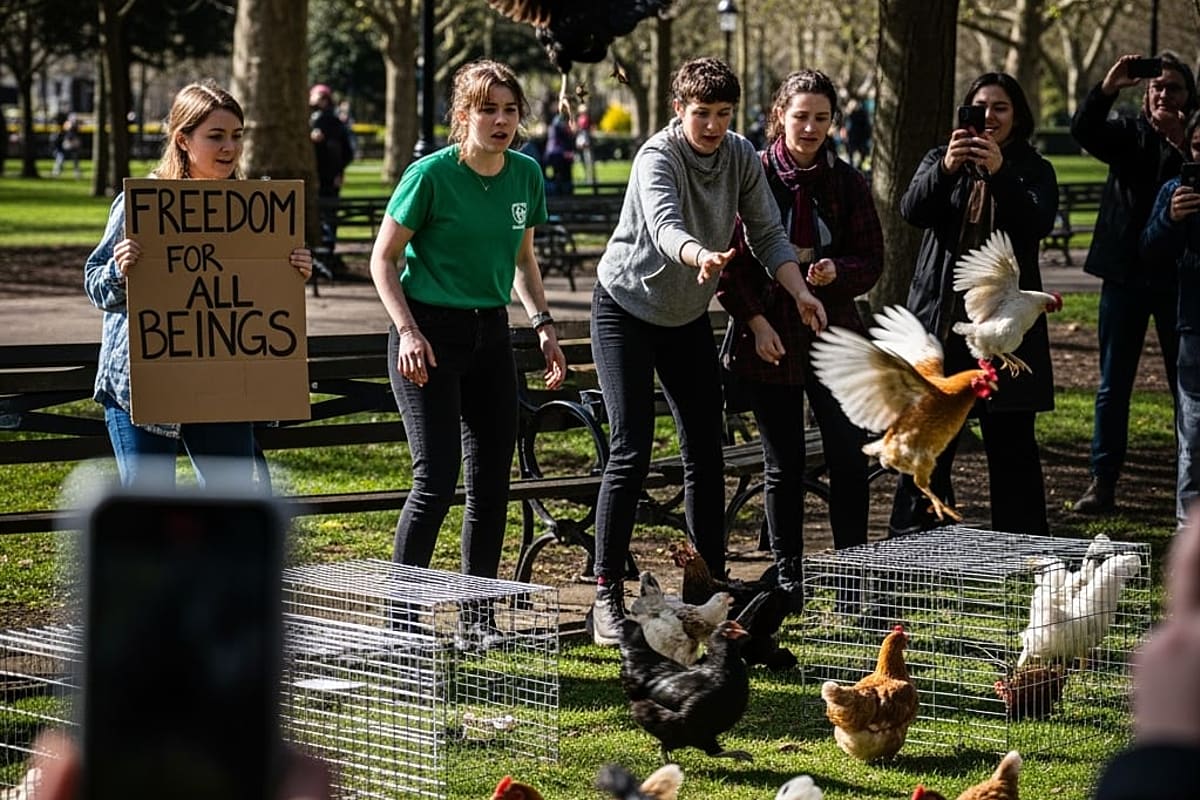Chickens looking confused as they step out of transport cages into an open park.