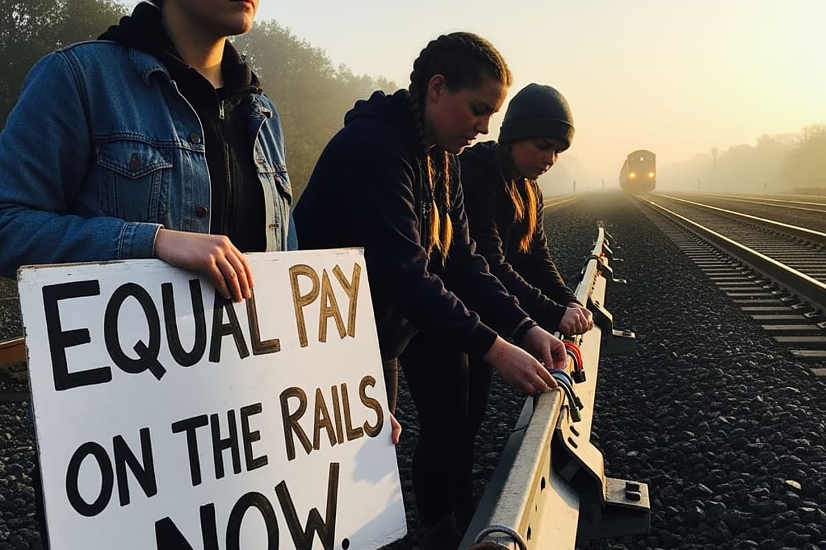Close-up of a banner on a train that reads 'Equal Pay Now', held by a woman chained to the train.