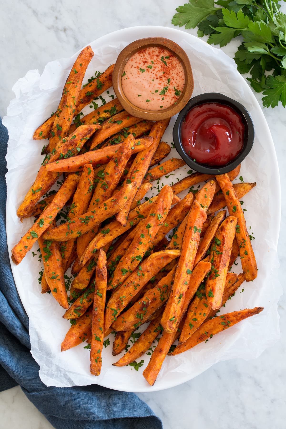a delicious food with baked sweet potato fries