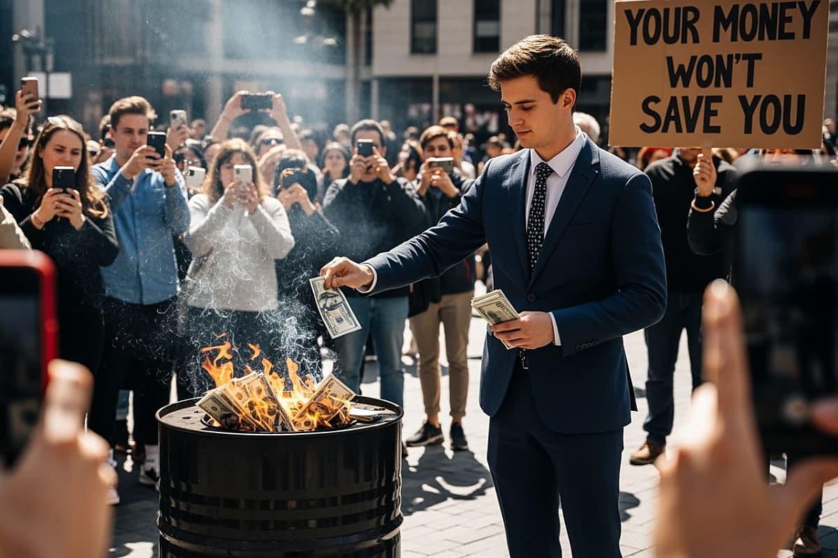 Close-up of burning banknotes in a hand