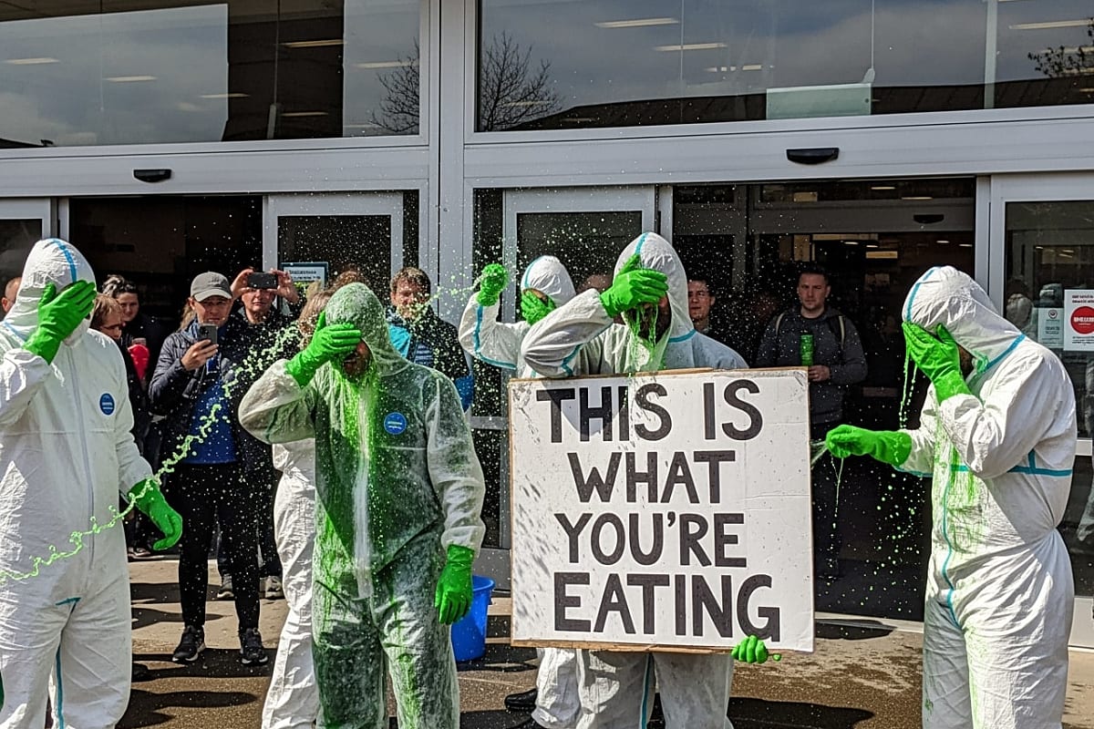 Close-up of a hand holding a spray bottle filled with colourful powder, representing pesticides.