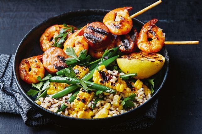 Prawn and Chorizo Skewers with Quick Rice Salad