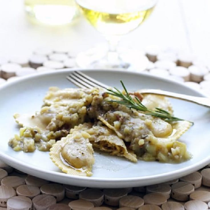 Butternut Squash Agnolotti with Potato Velouté Sauce, Bacon, and Rosemary
