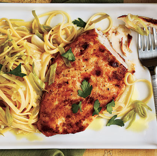Chicken with Lemon-Leek Linguine Recipe