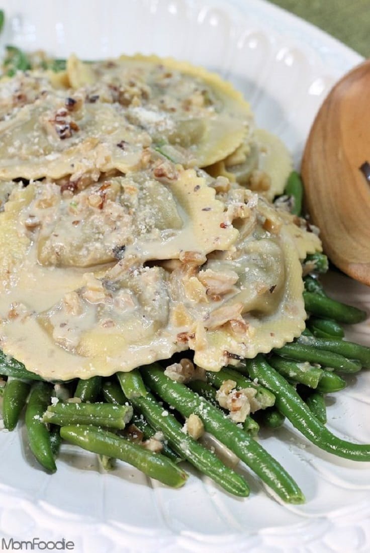 Mushroom Agnolotti and Green Beans in Creamy Walnut Sauce