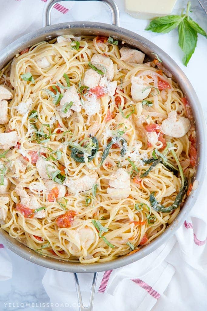 One Pan Tomato Basil Chicken Linguine