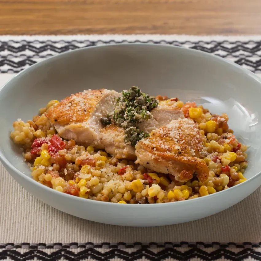 Seared Chicken & Fregola Sarda with Salsa Verde, Corn & Tomato