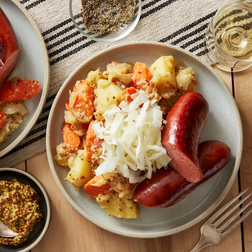 Beef Knockwurst & Sauerkraut with Potato Salad & Whole Grain Mustard