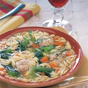 Escarole and Orzo Soup with Turkey Parmesan Meatballs
