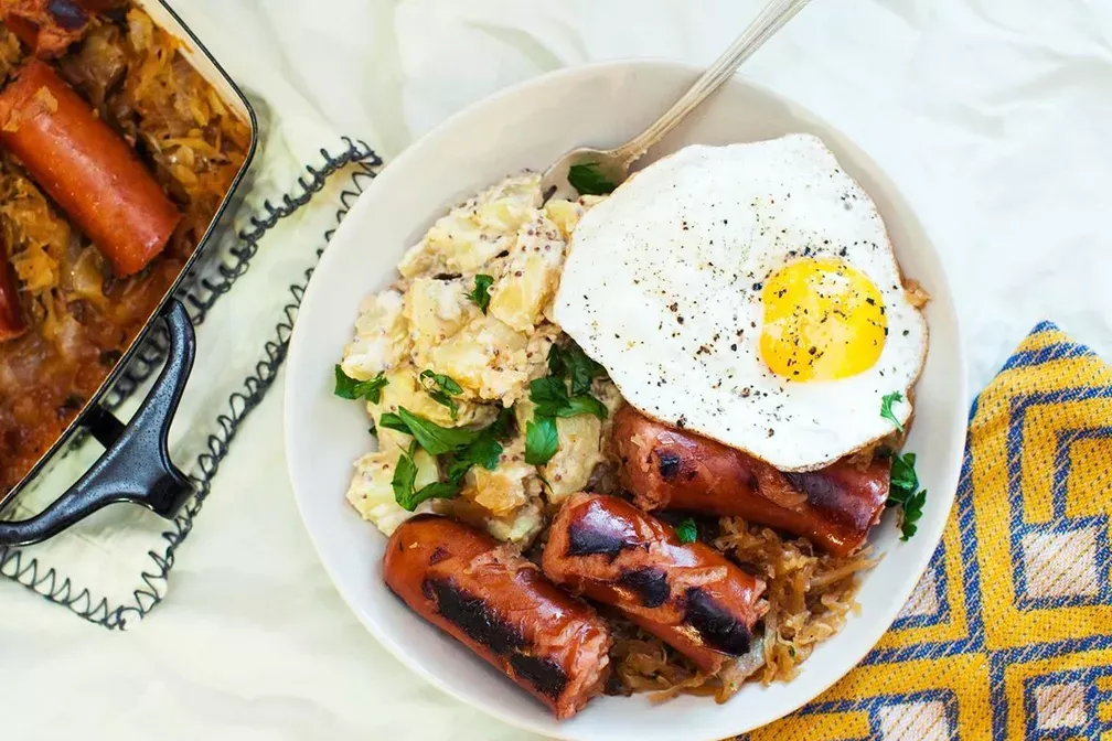 Sausage, Sauerkraut, and Spicy Mustard Potato Bowl