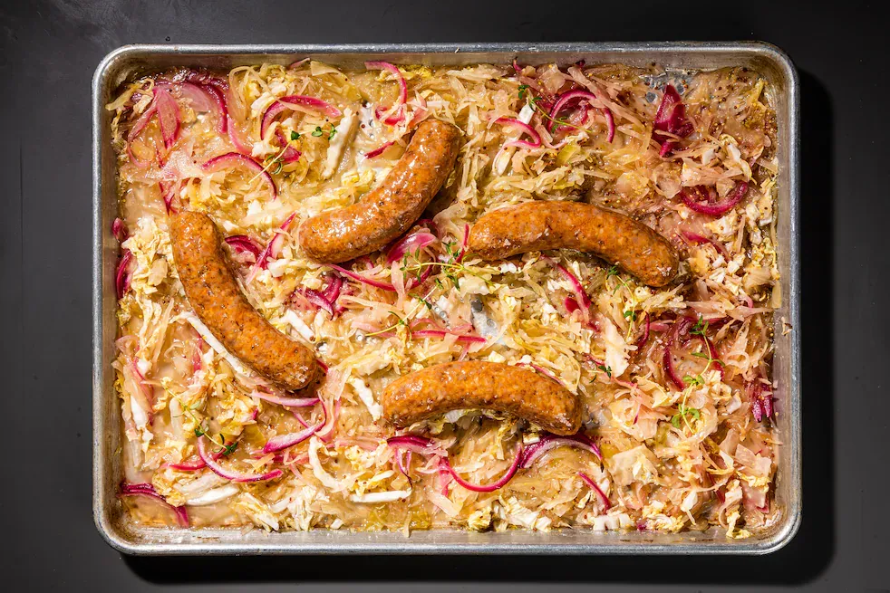Sheet-Pan Sausages With Sauerkraut and Mustard