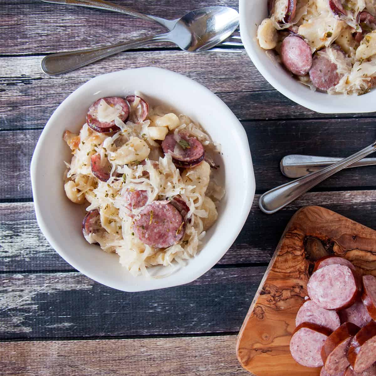 Stovetop Sauerkraut and Sausage with German Dumplings