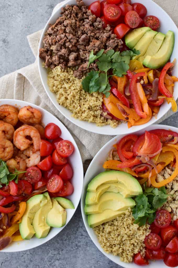 Three-Way Quinoa Lunch Bowl with ground turkey and shrimp