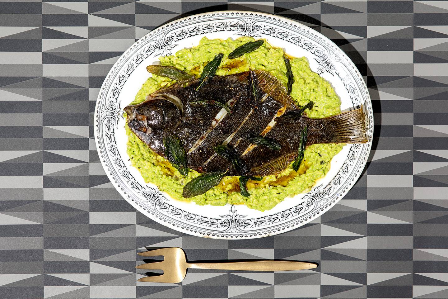 Grilled Flounder With Burnt Sage Butter & Pea Risotto