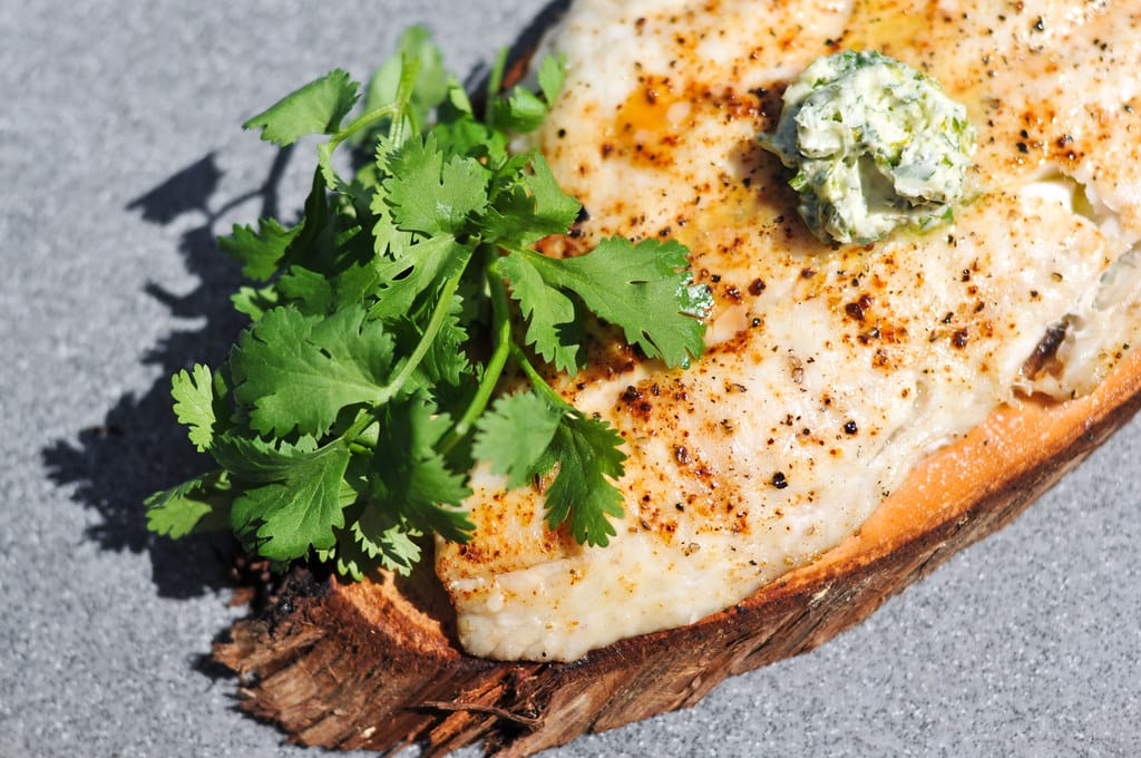 Grilled Planked Flounder with Cilantro-Lime Butter