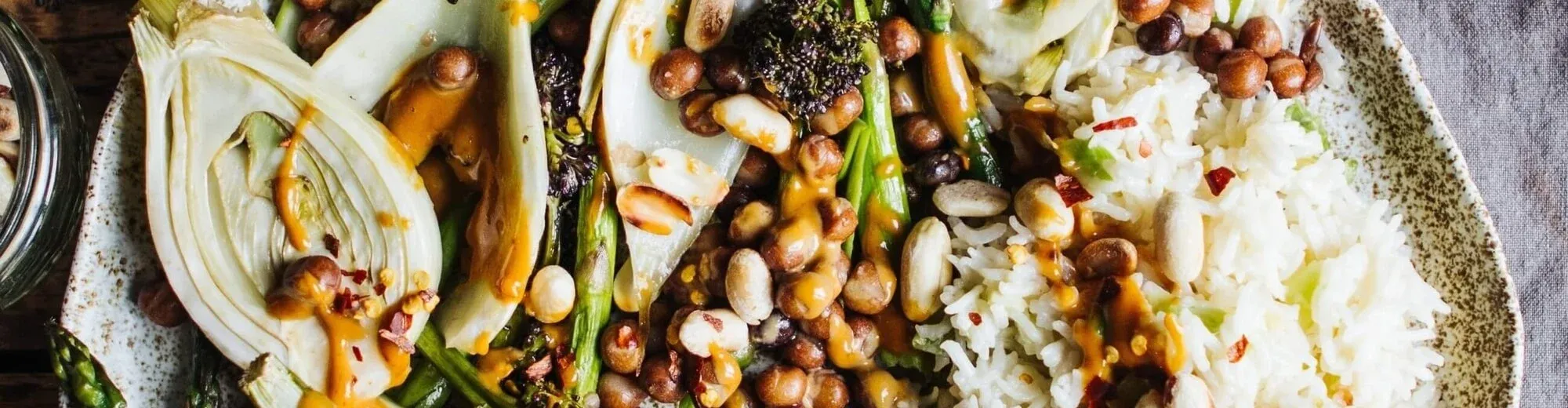 Roast asparagus, fennel & broccoli with sticky coconut rice