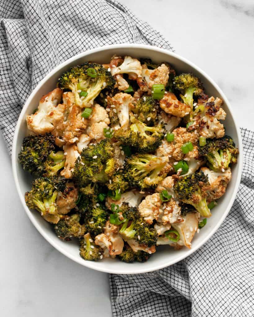Roasted Broccoli and Cauliflower with Tahini Soy Marinade