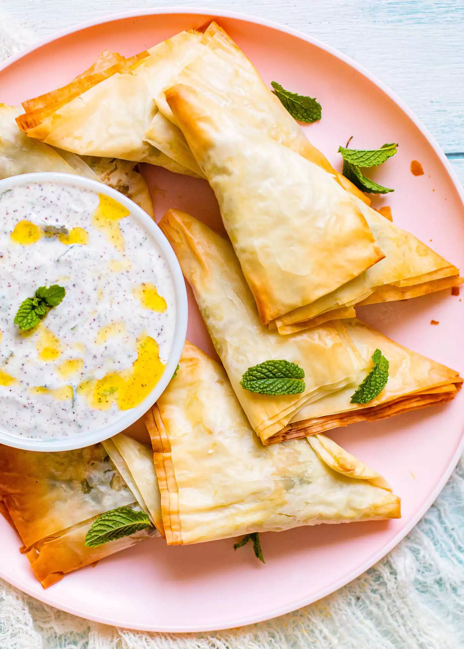 Baked Chicken Samosas with Mint Yogurt Dip