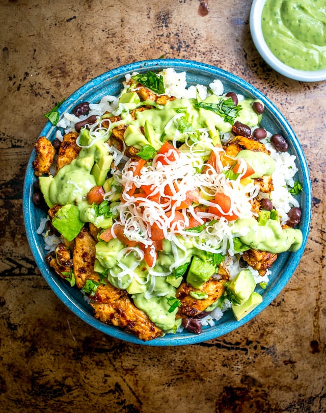easy burrito bowls with creamy avocado sauce