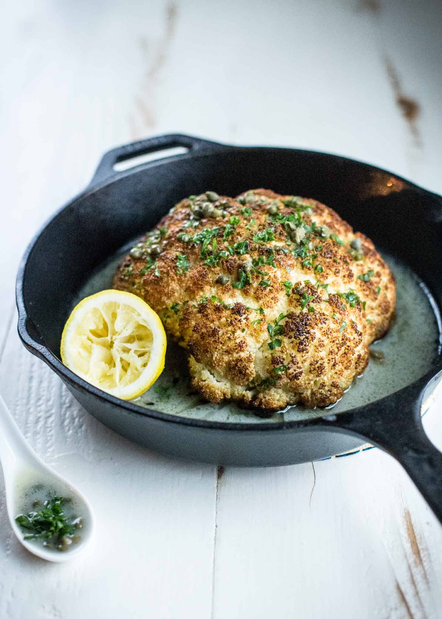 Whole Roasted Cauliflower with Lemon Butter Caper Sauce