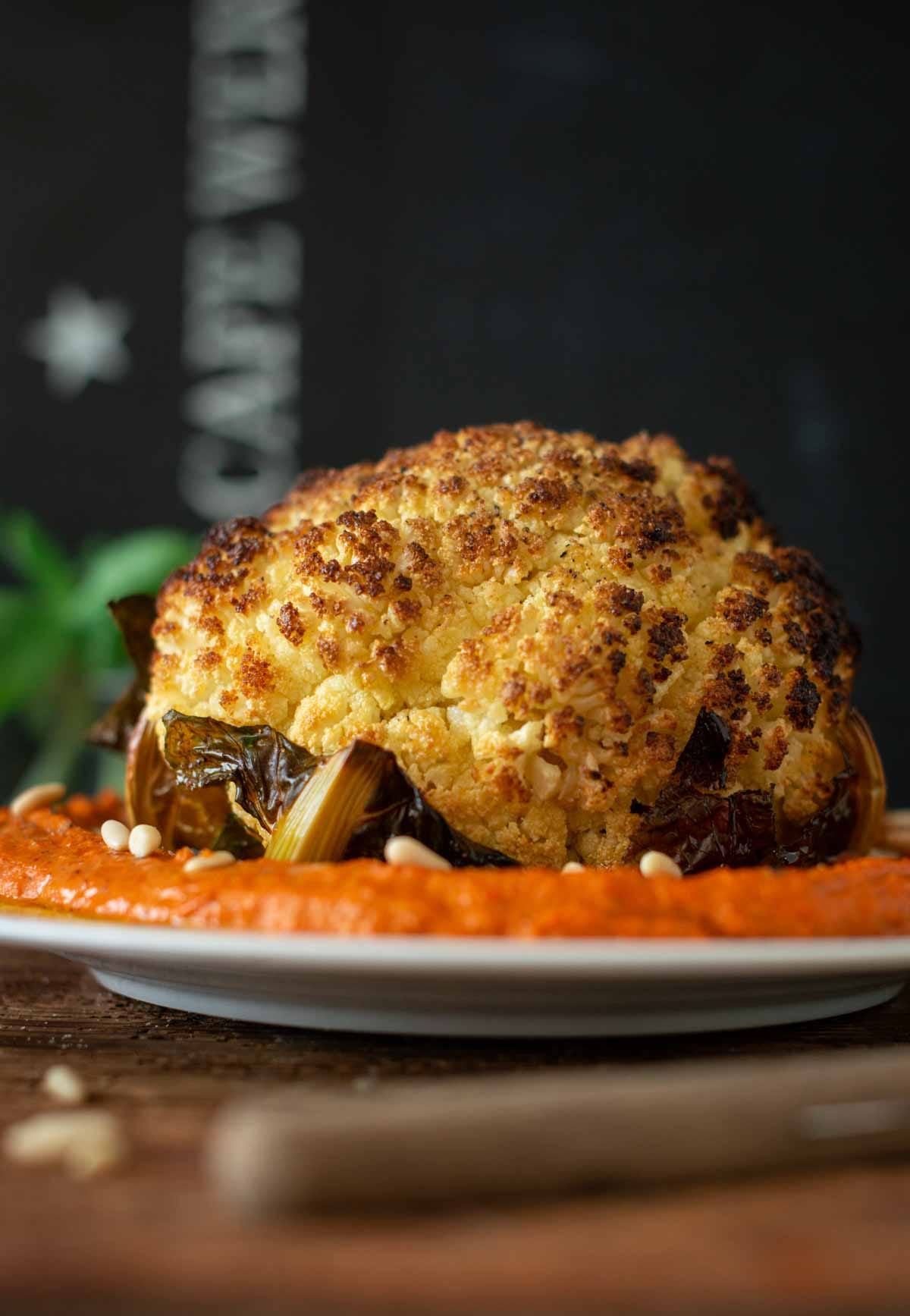 Whole Roasted Cauliflower with Roasted Red Pepper Sauce