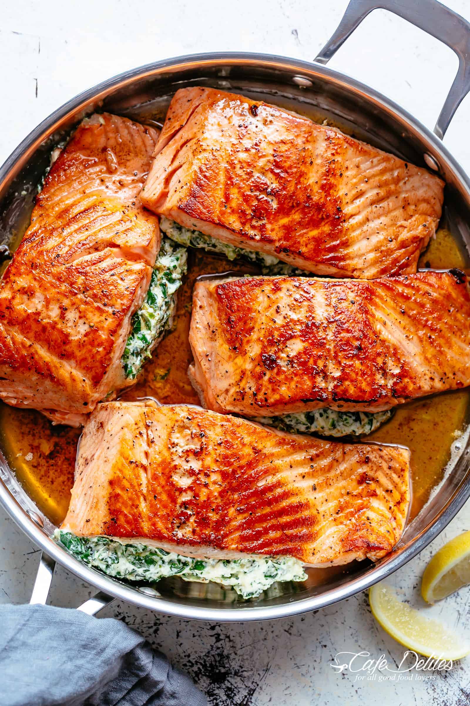 Creamy Spinach Stuffed Salmon in Garlic Butter