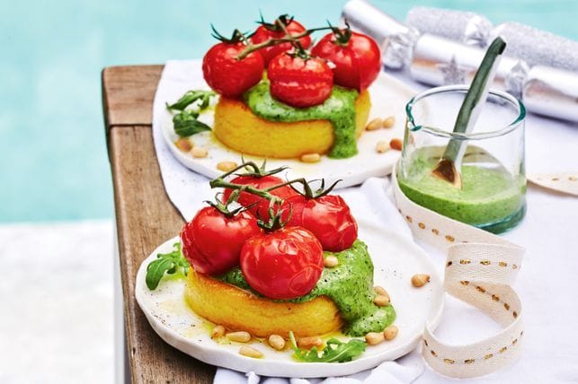 Fried polenta with creamy pesto and roasted tomatoes