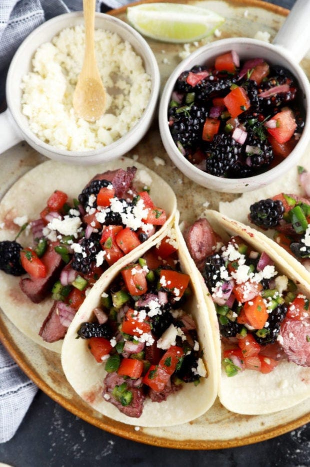 Grilled Blackberry Steak Tacos with Blackberry Salsa