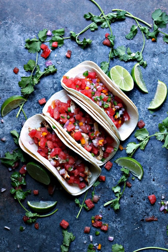 Honey Lime Chicken Tacos with Watermelon Salsa