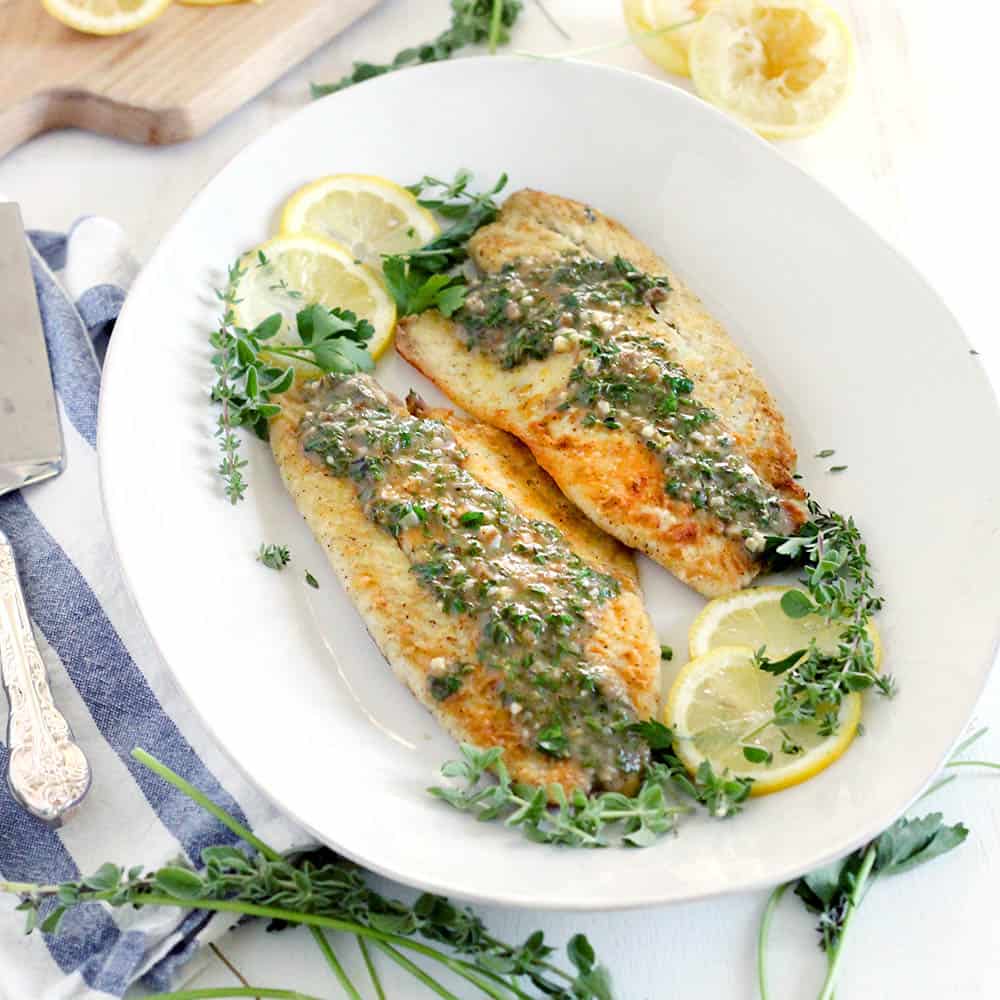 Pan Fried Sea Bass with Lemon Garlic Herb Sauce