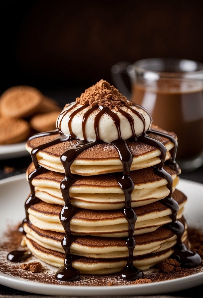 A stack of tiramisu pancakes topped with espresso-infused mascarpone, dusted with cocoa powder, and drizzled with a coffee syrup