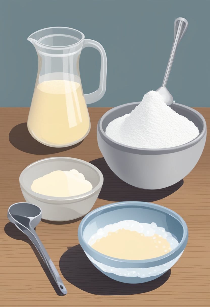 A bowl of buttermilk powder next to a measuring spoon and a liquid measuring cup filled with water. A whisk sits nearby, ready to mix the powder and water together