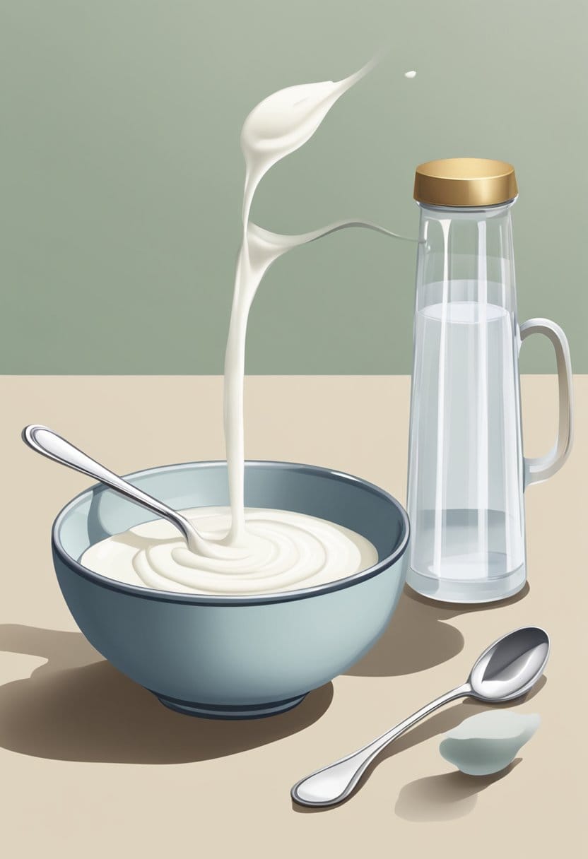 A bowl of plain yogurt sits next to a pitcher of water. A spoon stirs the two together, creating a creamy buttermilk substitute