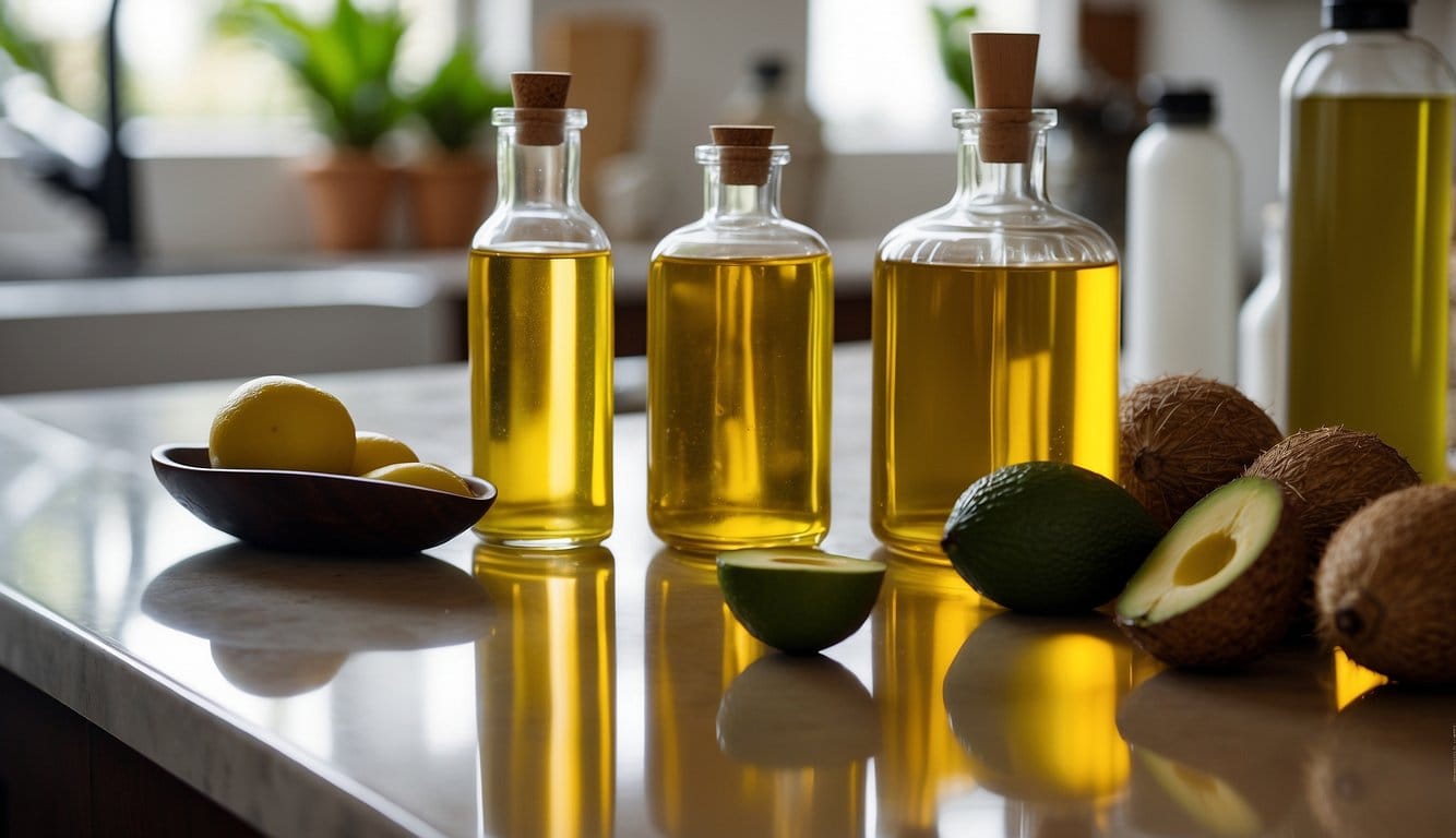 A kitchen counter with various oils and ingredients, a bottle of palm oil with a red cross over it, and alternative oils like coconut, avocado, and sunflower oil displayed next to it
