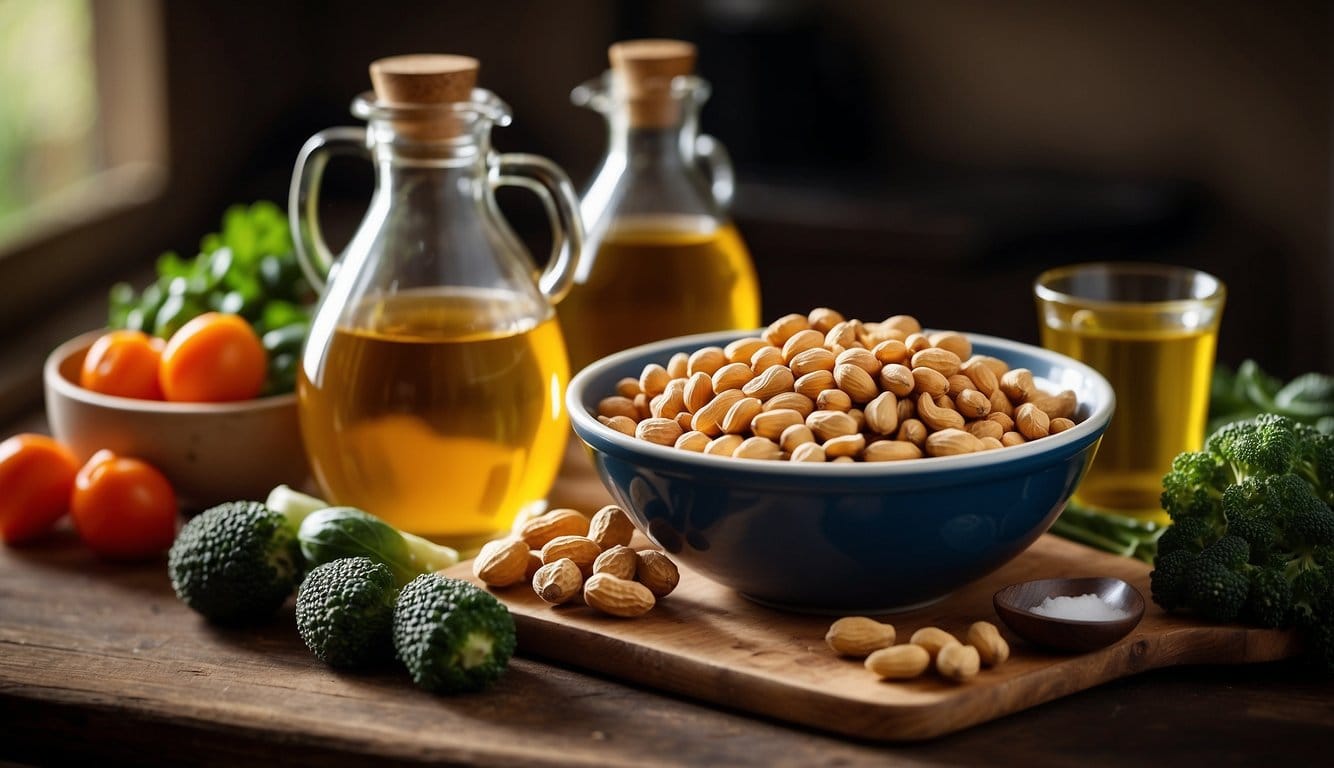 A bottle of peanut oil sits next to a bowl of vegetables, while a measuring cup pours a substitute oil into a pan