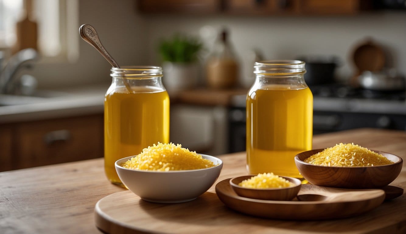 A jar of ghee sits next to a bottle of vegetable oil on a kitchen counter, with a measuring spoon and a mixing bowl nearby