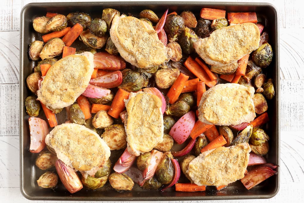 3-Ingredient Sheet Pan Pork Chops with Balsamic Glazed Vegetables