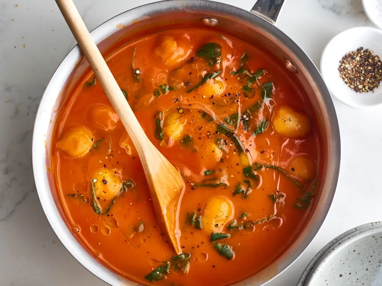 3-Ingredient Tomato Soup with Stuffed Gnocchi and Spinach