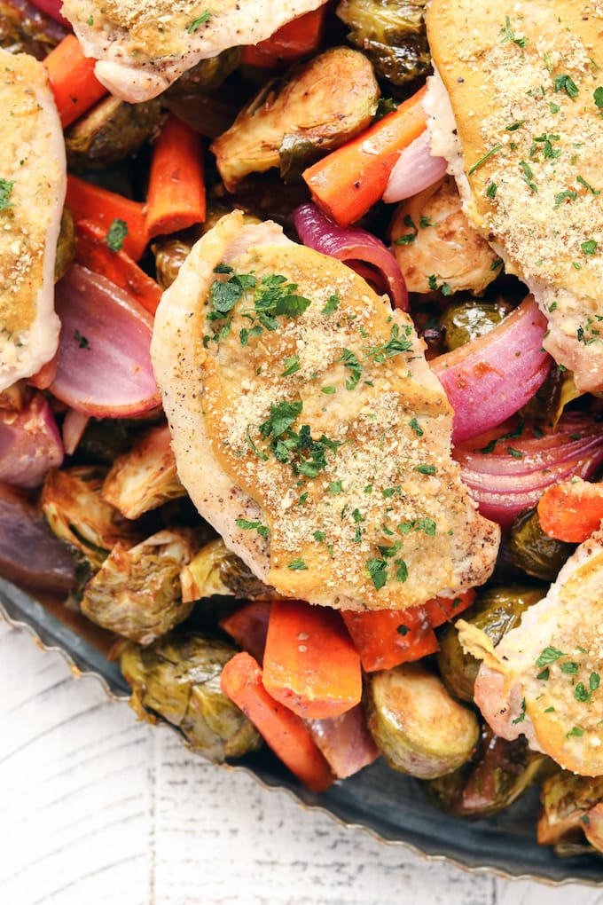 3-Ingredient Sheet Pan Pork Chops with Balsamic Glazed Vegetables