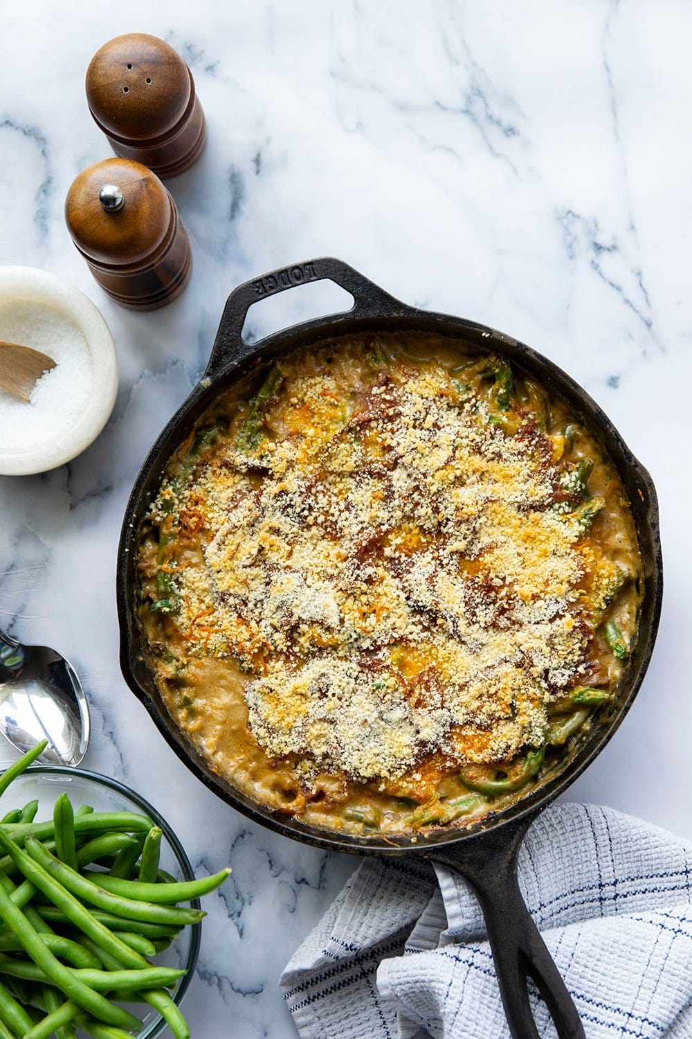 casserole with caramelized onions on top of the green bean mixture