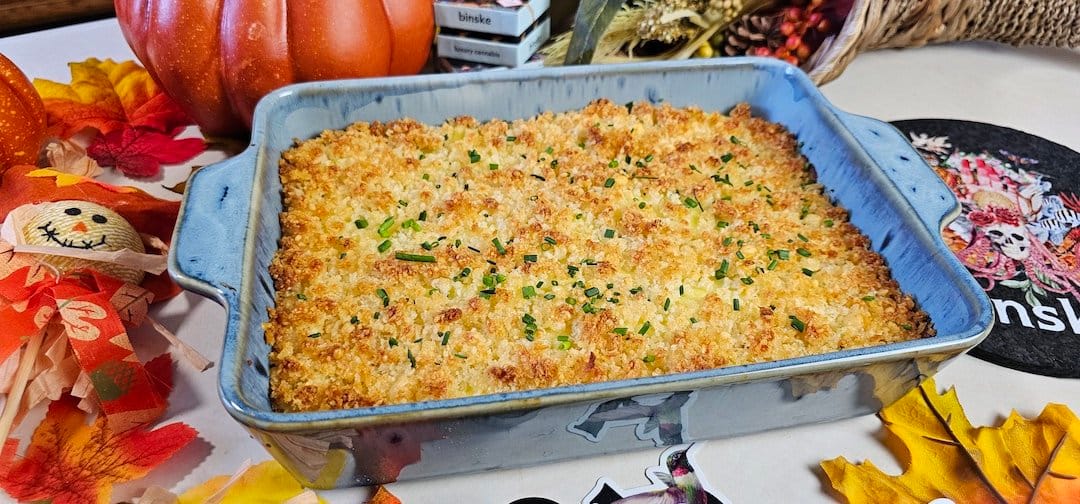 baked casserole dish with a golden brown parmesan crust