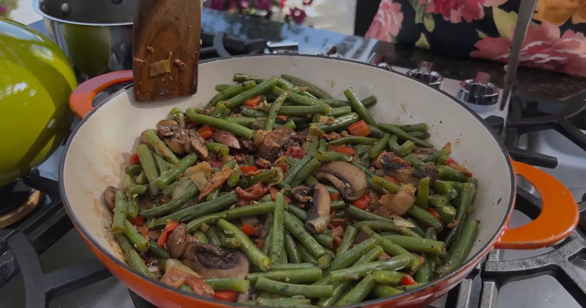 Checking the cooked green beans
