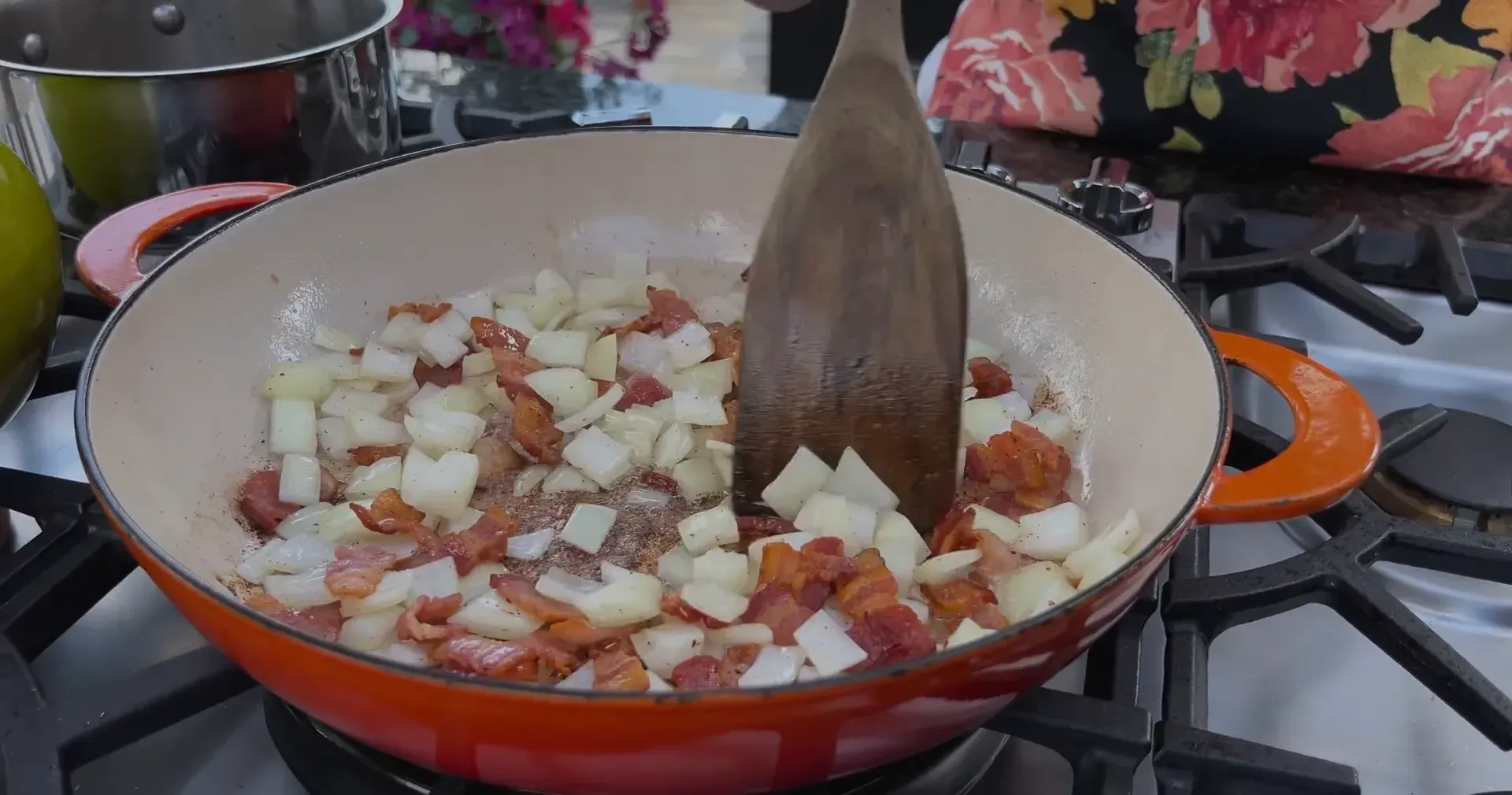 Adding onions to the bacon