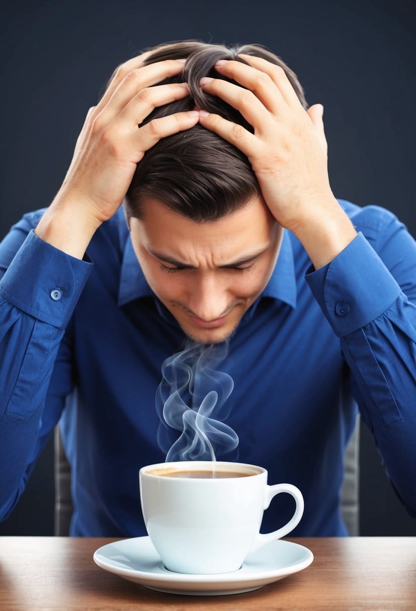A person sits at a table, a steaming cup of coffee in front of them. They hold their head in pain, wincing from a headache
