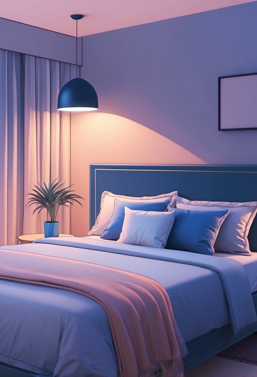 A serene bedroom with a cozy bed, soft pillows, and dim lighting, creating a peaceful atmosphere for improved sleep quality